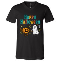 Pumpkin Ghost Happy Halloween Retro Groovy Vintage V-Neck T-Shirt