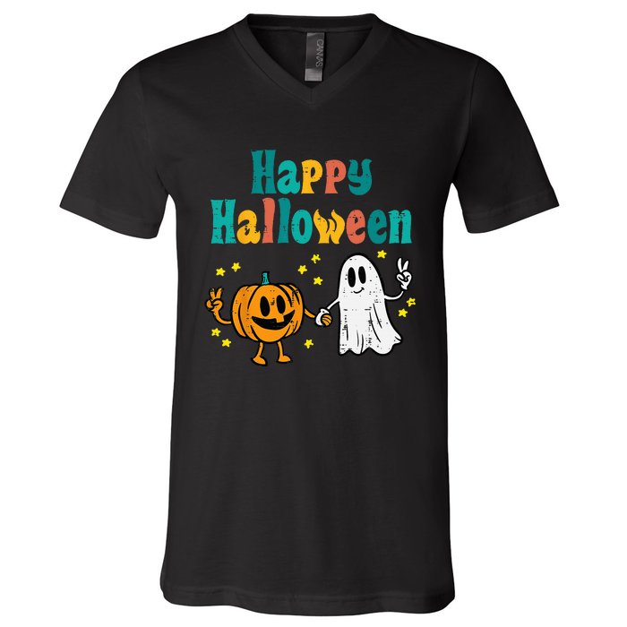 Pumpkin Ghost Happy Halloween Retro Groovy Vintage V-Neck T-Shirt