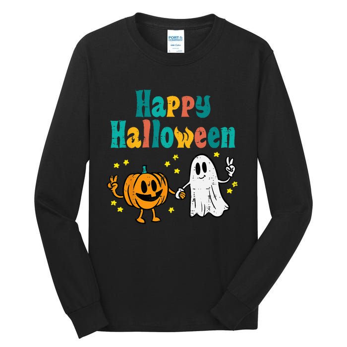 Pumpkin Ghost Happy Halloween Retro Groovy Vintage Tall Long Sleeve T-Shirt