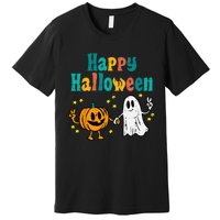 Pumpkin Ghost Happy Halloween Retro Groovy Vintage Premium T-Shirt