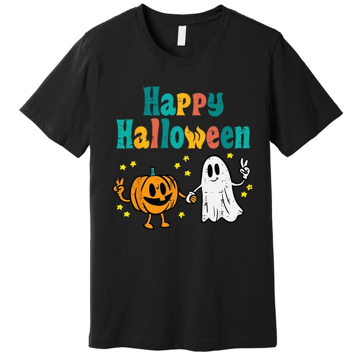 Pumpkin Ghost Happy Halloween Retro Groovy Vintage Premium T-Shirt