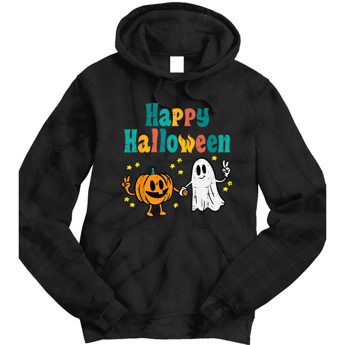 Pumpkin Ghost Happy Halloween Retro Groovy Vintage Tie Dye Hoodie