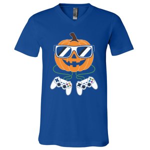 Pumpkin Gamer Halloween Video Game Gaming Controller Funny Gift V-Neck T-Shirt