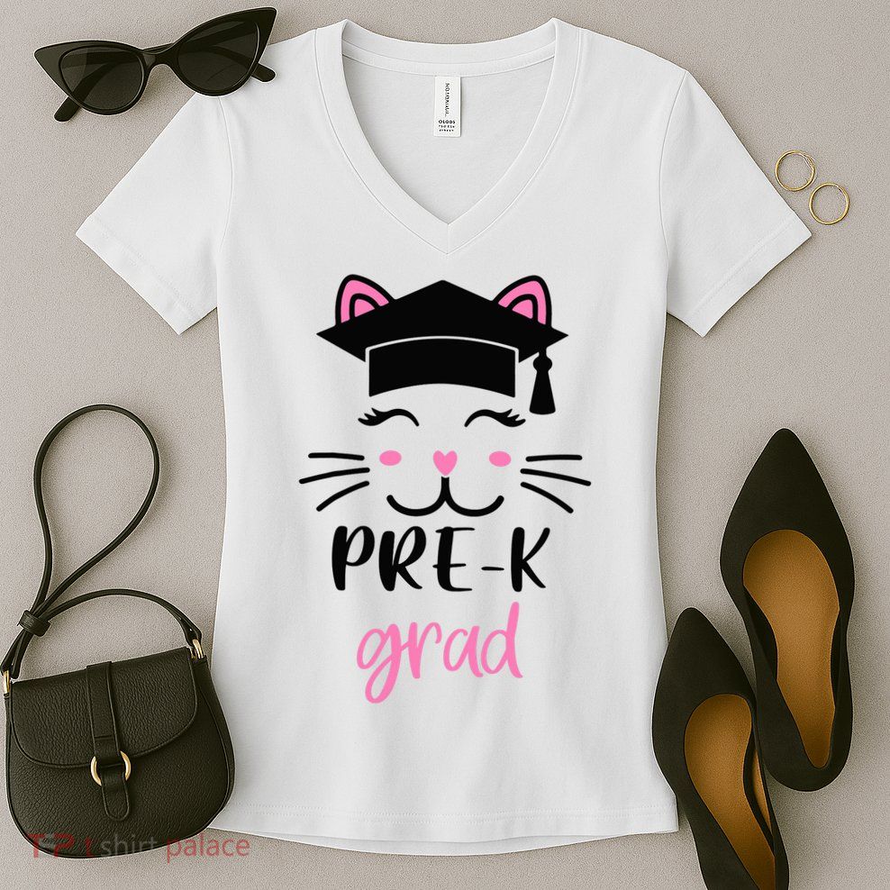 Pre-K Grad Last Day of School Cute Cat Face Women's V-Neck T-Shirt
