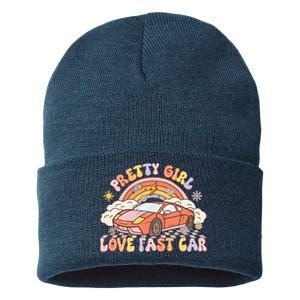 Pretty Girl Love Fast Car Girl Women Retro Groovy Sustainable Knit Beanie