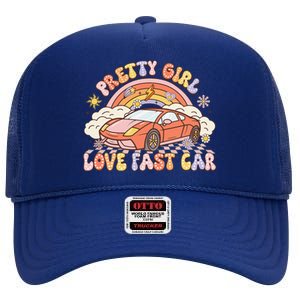 Pretty Girl Love Fast Car Girl Women Retro Groovy High Crown Mesh Back Trucker Hat