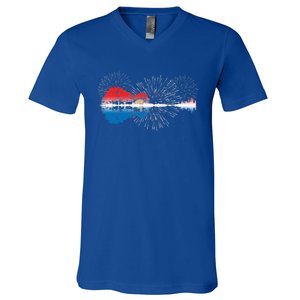 Patriotic Guitar Lake Reflections Night Sky 4th Of July V-Neck T-Shirt