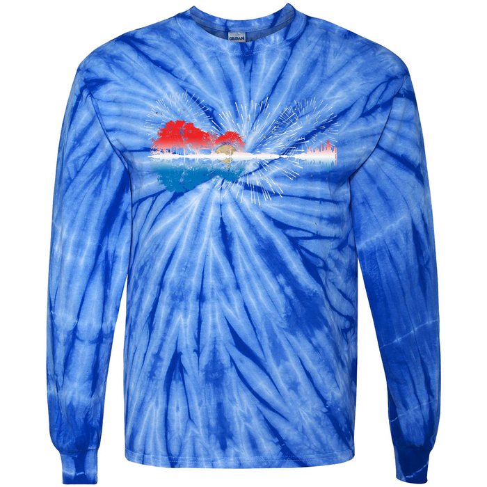 Patriotic Guitar Lake Reflections Night Sky 4th Of July Tie-Dye Long Sleeve Shirt