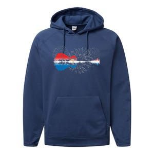 Patriotic Guitar Lake Reflections Night Sky 4th Of July Performance Fleece Hoodie