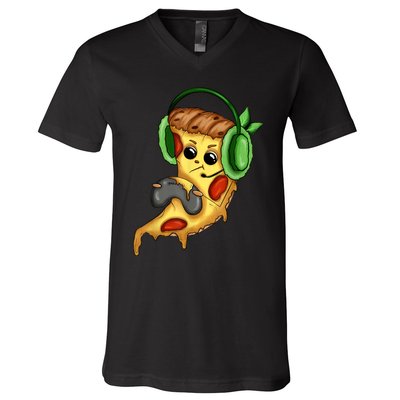 Pizza Gamer Love Play Video Games Funny Controller Headset V-Neck T-Shirt