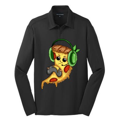 Pizza Gamer Love Play Video Games Funny Controller Headset Silk Touch Performance Long Sleeve Polo