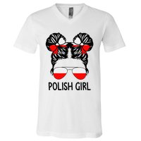 Polish Girl Messy Hair Poland Pride Root Patriotic V-Neck T-Shirt