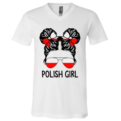 Polish Girl Messy Hair Poland Pride Root Patriotic V-Neck T-Shirt