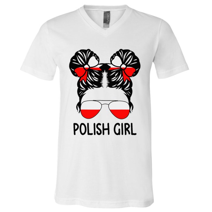 Polish Girl Messy Hair Poland Pride Root Patriotic V-Neck T-Shirt