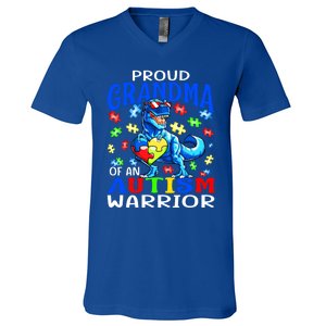 Proud Grandma Of An Autism Warrior Dinosaur Cool Gift V-Neck T-Shirt