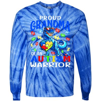 Proud Grandma Of An Autism Warrior Dinosaur Cool Gift Tie-Dye Long Sleeve Shirt