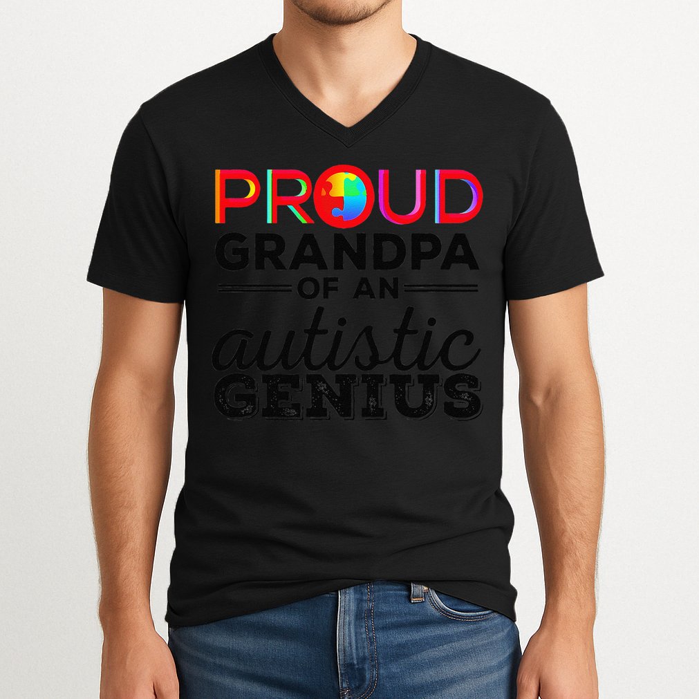 Proud Grandpa Of An Autistic Genius Autism Awareness V-Neck T-Shirt