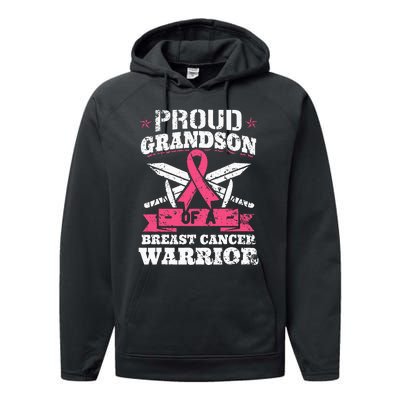 Proud Grandson Of Breast Cancer Warrior Awareness Ribbon Performance Fleece Hoodie