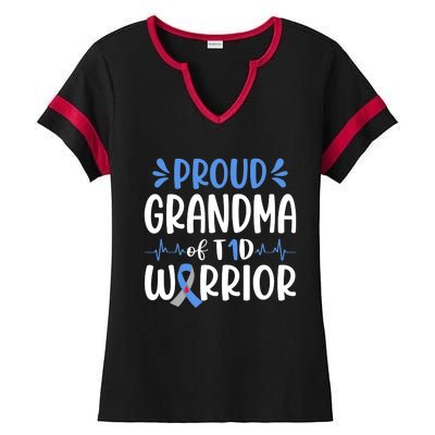 Proud Grandma Of T1D Warrior Diabetes Awareness Blue Ribbon Ladies Halftime Notch Neck Tee