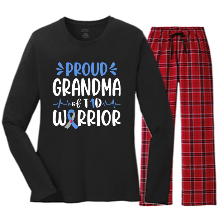 Proud Grandma Of T1D Warrior Diabetes Awareness Blue Ribbon Women's Long Sleeve Flannel Pajama Set 