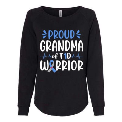 Proud Grandma Of T1D Warrior Diabetes Awareness Blue Ribbon Womens California Wash Sweatshirt