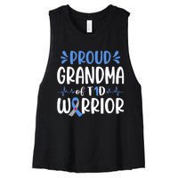 Proud Grandma Of T1D Warrior Diabetes Awareness Blue Ribbon Women's Racerback Cropped Tank