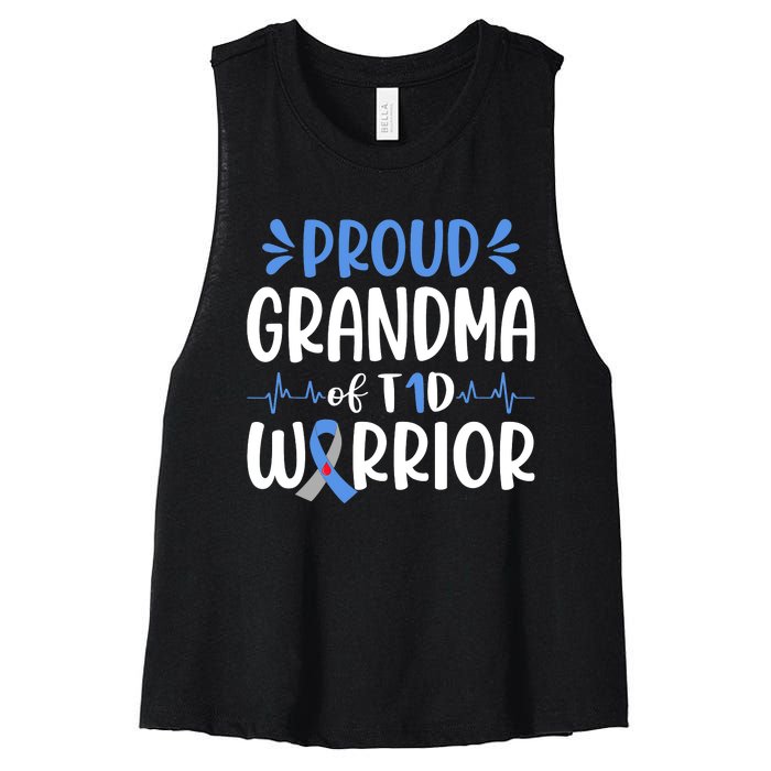 Proud Grandma Of T1D Warrior Diabetes Awareness Blue Ribbon Women's Racerback Cropped Tank