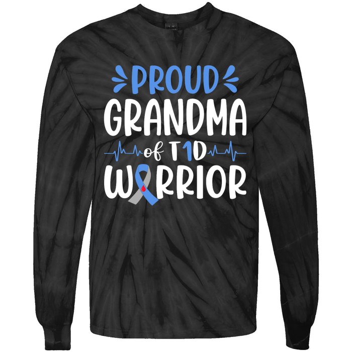 Proud Grandma Of T1D Warrior Diabetes Awareness Blue Ribbon Tie-Dye Long Sleeve Shirt