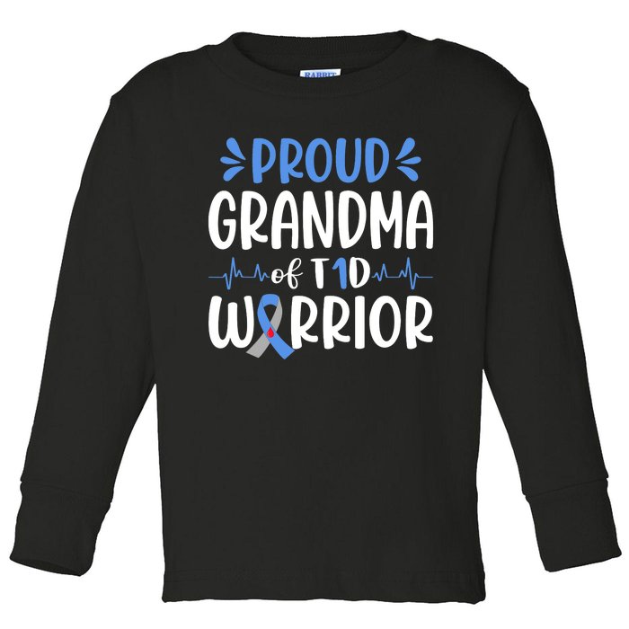 Proud Grandma Of T1D Warrior Diabetes Awareness Blue Ribbon Toddler Long Sleeve Shirt