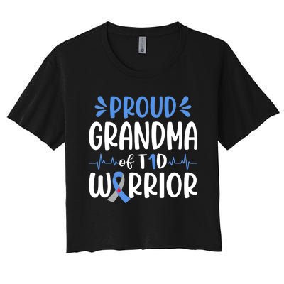 Proud Grandma Of T1D Warrior Diabetes Awareness Blue Ribbon Women's Crop Top Tee