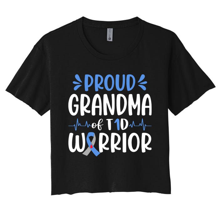 Proud Grandma Of T1D Warrior Diabetes Awareness Blue Ribbon Women's Crop Top Tee