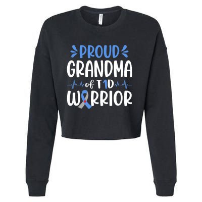 Proud Grandma Of T1D Warrior Diabetes Awareness Blue Ribbon Cropped Pullover Crew