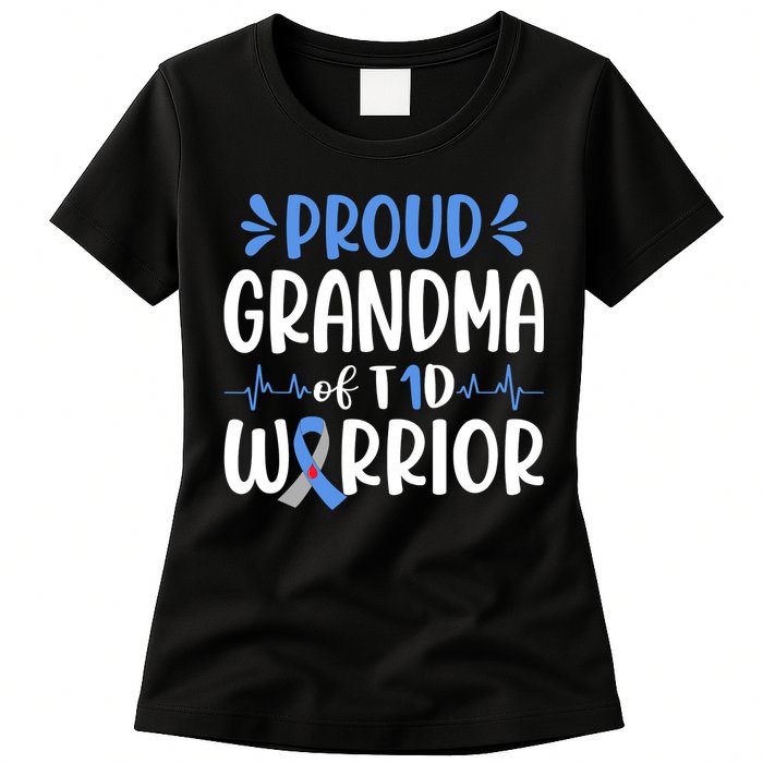 Proud Grandma Of T1D Warrior Diabetes Awareness Blue Ribbon Women's T-Shirt