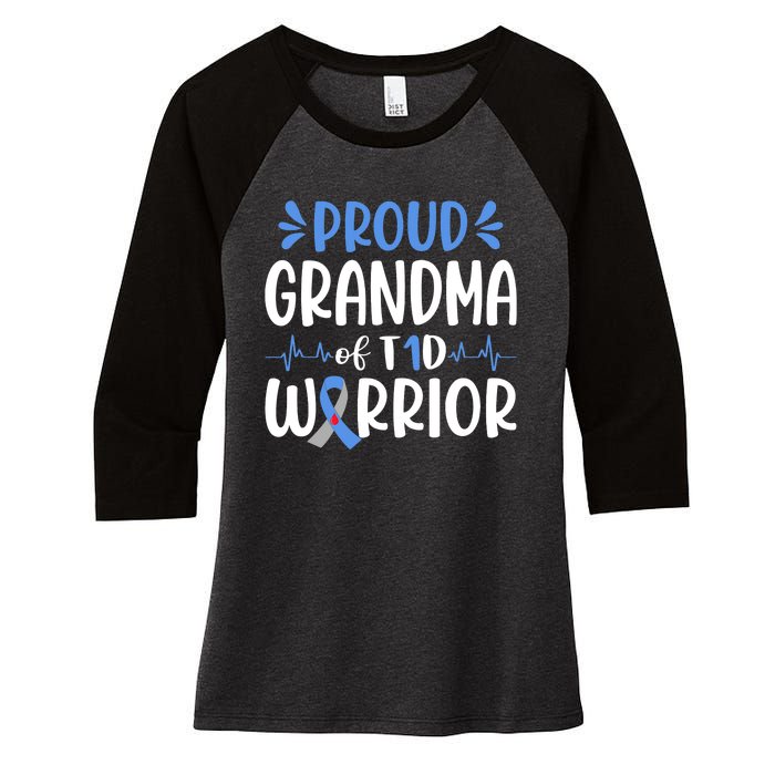 Proud Grandma Of T1D Warrior Diabetes Awareness Blue Ribbon Women's Tri-Blend 3/4-Sleeve Raglan Shirt