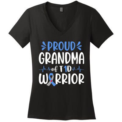 Proud Grandma Of T1D Warrior Diabetes Awareness Blue Ribbon Women's V-Neck T-Shirt