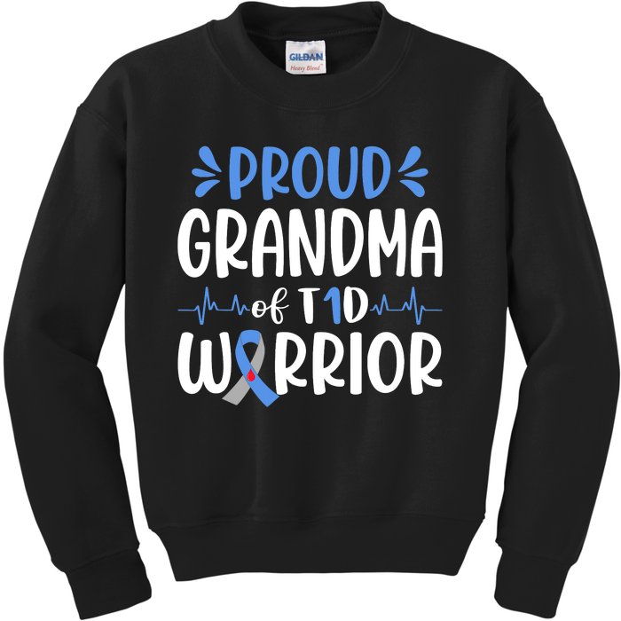 Proud Grandma Of T1D Warrior Diabetes Awareness Blue Ribbon Kids Sweatshirt