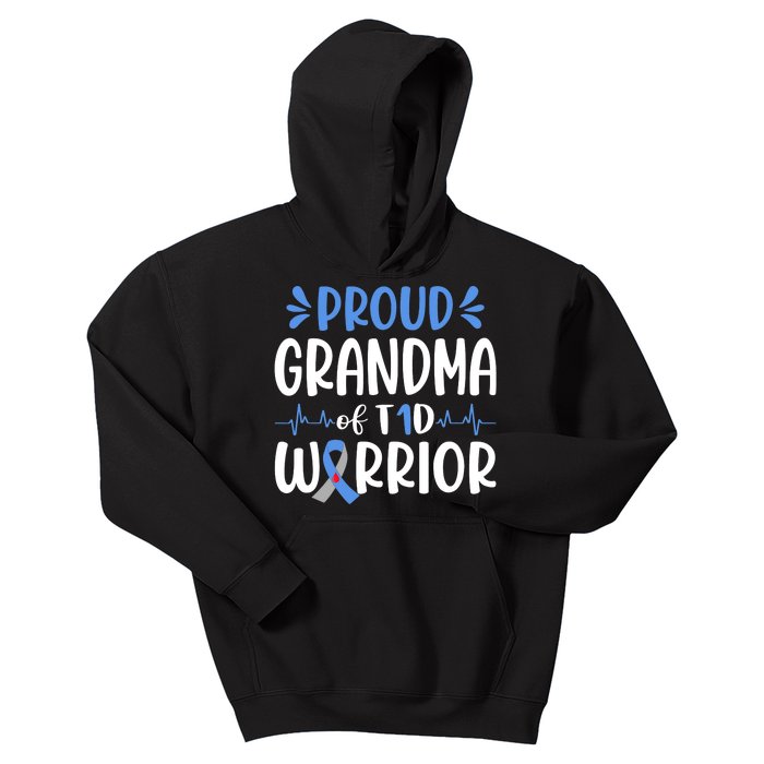 Proud Grandma Of T1D Warrior Diabetes Awareness Blue Ribbon Kids Hoodie