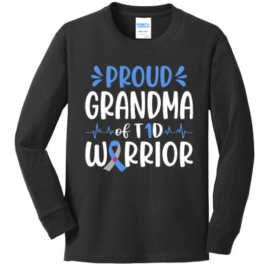 Proud Grandma Of T1D Warrior Diabetes Awareness Blue Ribbon Kids Long Sleeve Shirt