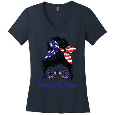 Pennsylvania Girl Pennsylvania Flag State Girlfriend Messy Women's V-Neck T-Shirt