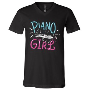 Piano Girl Pianist Music Notes Gift V-Neck T-Shirt