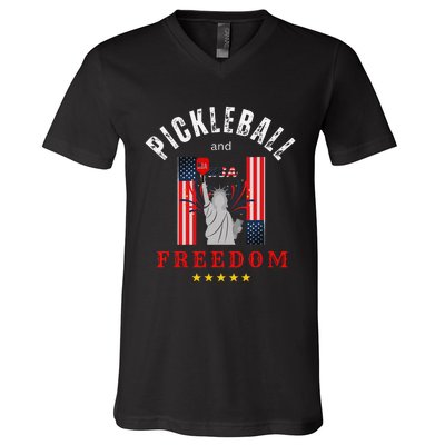 Pickleball GiftFunny Pickleball Tee Pickleball and Freedom V-Neck T-Shirt