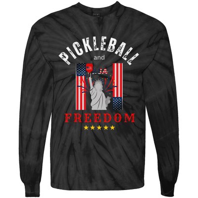 Pickleball GiftFunny Pickleball Tee Pickleball and Freedom Tie-Dye Long Sleeve Shirt