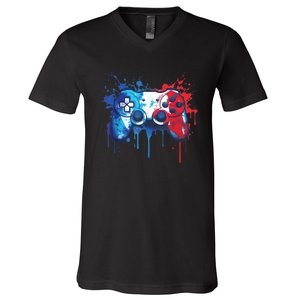 Patriotic Gamer Red White Blue 4th Of July Video Game V-Neck T-Shirt