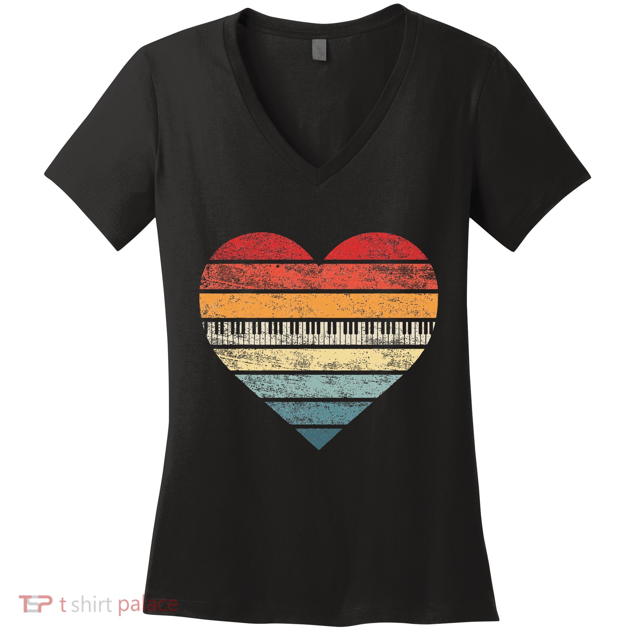 Pianist Gifts Retro Sunset Piano Keyboard Player Teacher Women's V-Neck T-Shirt