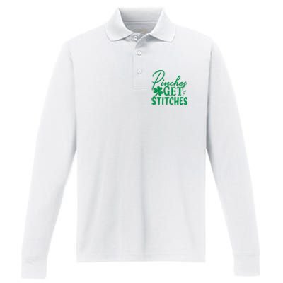 Pinches Get Stitches Funny St. Patrick's Day Performance Long Sleeve Polo