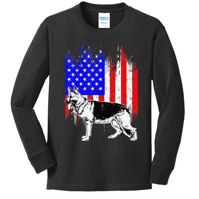 Patriotic German Shepherd American Flag Dog Lover Gift Kids Long Sleeve Shirt