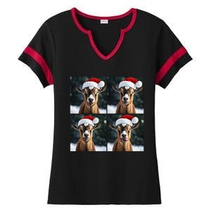 Pygmy Goat Selfie Christmas Goat Santa Hat Holiday Costume Ladies Halftime Notch Neck Tee