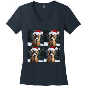 Pygmy Goat Selfie Christmas Goat Santa Hat Holiday Costume Women's V-Neck T-Shirt