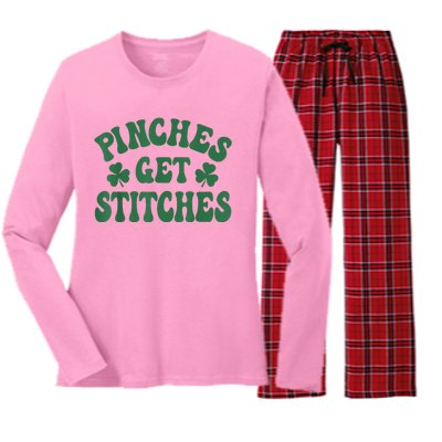 Pinches Get Stitches Shamrock Funny St. Patrick's Day Women's Long Sleeve Flannel Pajama Set 