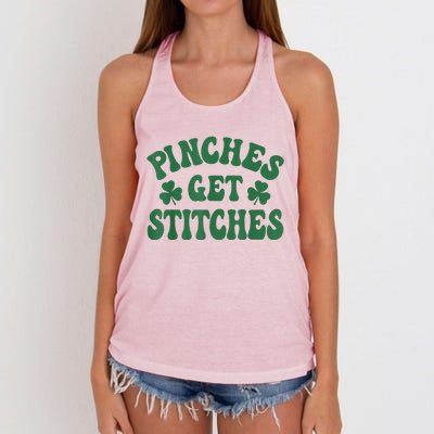 Pinches Get Stitches Shamrock Funny St. Patrick's Day Women's Knotted Racerback Tank